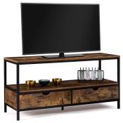 Meuble tv 113 cm dayton 2 tiroirs bois effet vieilli design industriel - Bois-foncé