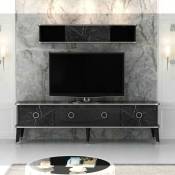 Meuble tv avec élément mural Bientv 180 effet marbre noir et détails argentés