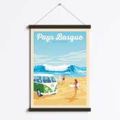 Affiche Pays Basque - Surf + Cadre Magnétique (Bois