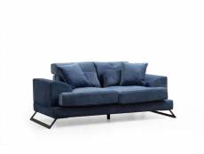 Canapé droit 2 places avec 4 coussins cyclades velours texturé effet simili de vachette bleu marine
