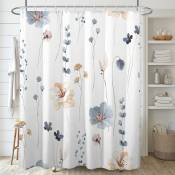 Decoreagy Ensembles de rideaux de douche à fleurs aquarelles, rideaux de salle de bain à fleurs beiges bleus, rideau de bain blanc minimaliste