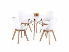 Ensemble de table et chaises scandinave - table ronde en verre avec pieds en bois et 4 chaises blanches au design épuré, dimensions 54x54x82cm