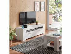 Meuble tv de salon avec deux portes et deux petites étagères ouvertes, blanc brillant, 120 x 40 x 42 cm. 8052773474375