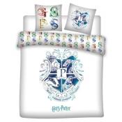 Parure de lit double réversible Harry Potter - Blason Poudlard et Les 4 Maisons - Blanche et Bleue - 220 cm x 240 cm