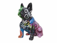 Statue chien bulldog assis tagué multicolore en résine