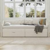 Canapé-lit simple avec tiroirs, grand rangement, beige, 90x200cm