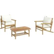 Helloshop26 - Salon de jardin meuble d'extérieur ensemble de mobilier 3 pièces avec coussins blanc crème bambou - Marron
