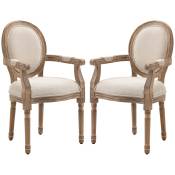 HOMCOM Lot de 2 chaises de Salle à Manger Chaise de Salon médaillon Style Louis XVI Bois Massif patiné sculpté Tissu Lin Crème