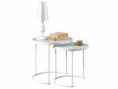 Lot de 2 tables d'appoint leyre tables basses gigognes, tables à café design industriel, plateau rond en verre et cadre métal, blanc