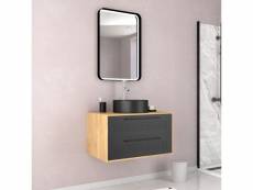 Meuble de salle de bains 80 cm, vasque ronde et miroir led - chêne naturel et noir mat - uby