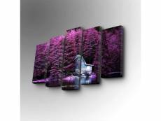 Pentaptyque atos motif paysage, chalet violet et bleu