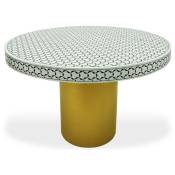 Table ronde style arty Ø100cm Viliana Motif géométrique blanc et pied Or - Blanc / Noir