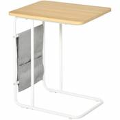 Homcom - Table basse table d'appoint guéridon bout de canapé 2 pochettes de rangement tissu gris châssis métal blanc plateau aspect bois clair - Beige