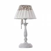 Lampe à poser Romantique en Métal Blanc Patiné, Pied de lampe orné d'un Oiseau décoratif, Abat-jour en Coton Blanc élastique amovible, E27, 40W, h 47c