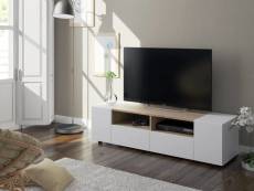 Meuble tv de salon avec deux portes battantes, deux portes battantes et deux petites étagères, couleur blanche avec détail en chêne, dimensions 138 x