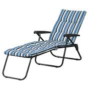 Outsunny Bain de soleil pliable transat inclinable 6 positions grand confort avec matelas + accoudoirs acier polyester gris rayé bleu et blanc