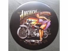 "plaque pin up robe violette moto americaine american classic tole ronde 30cm deco us"