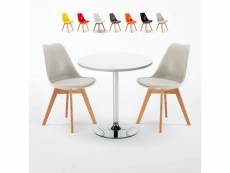 Table blanche ronde 70x70cm 2 chaises colorées d'intérieur