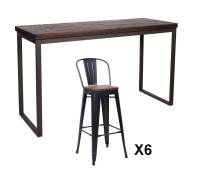Table et chaises hautes en bois massif foncé et acier gris L 180