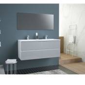 TOTEM Salle de bain 120cm - Gris - 4 tiroirs fermetures ralenties - double vasque en ceramique + miroir - Gris