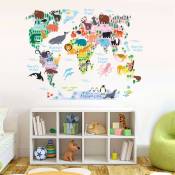 Carte du monde des animaux (grande) Stickers muraux pour enfants Autocollants Peel and Stick Amovibles pour Chambre d'enfant Chambre Salon