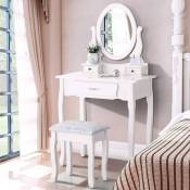 Coiffeuse vintage 75 x 40 x 136 - avec tabouret et miroir ovale 360° et 3 tiroirs, style vintage - blanc