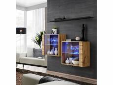 Ensemble meubles de salon switch sbiii, coloris chêne wotan et porte vitrée avec système led intégré, étagère noire.