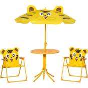 Ensemble salon de jardin enfant 4 pcs design tigre - table ronde + 2 chaises pliables + parasol - métal époxy oxford jaune - Jaune