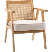 Homcom - Fauteuil lounge avec coussin - dossier en cannage - assise profonde - accoudoirs - structure bois hévéa - aspect lin beige - Beige