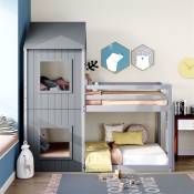 Lit superposé 90x200cm - lit cabane d'enfant avec échelle & baldaquin lit du sol au plafond lit de maison en bois massif - gris