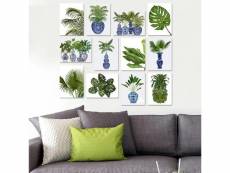 Lot de 12 tableaux aranea l20xh15cm motif pots de plantes vert, bleu et blanc