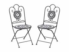 Lot de 2 chaises de jardin pliables style fer forgé mosaïque céramique motif rose des vents métal époxy noir blanc