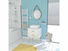 Meuble salle de bain scandinave blanc 60 cm sur pieds avec tiroir, vasque a poser et miroir rond