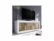 Meuble tv 2 portes 2 tiroirs blanc-planches bois -