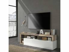 Meuble tv moderne en bois 1 abattant blanc laqué brillant-bois fumé - positano - l 184 x l 42 x h 58 cm