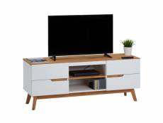 Meuble tv tibor banc télé de 149 cm au style scandinave design vintage nordique avec 4 tiroirs 2 niches, en pin massif lasuré blanc