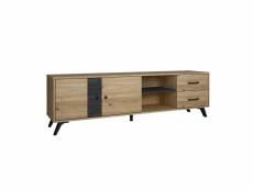Pinia - meuble tv 181cm 2 portes 2 tiroirs effet chêne naturel et noir