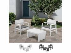Salon de jardin en polyrotin table 2 fauteuils coussins