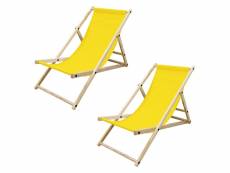 2x chaise longue pliante en bois de pin, jaune 120 kg, dossier réglable à 3 positions de couchage, bain de soleil intérieur/extérieur