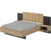 Lit avec tête de lit et chevets intégrés en bois imitation chêne 160x200 - LT5062 - Bois naturel