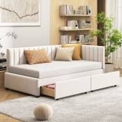 Lit gigogne 90x200cm - Canapé lit multifonctions avec deux grands tiroirs de rangement, sommier à lattes, velours - Beige
