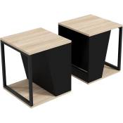 Lot de 2 tables basses bouts de canapé guéridons design acier noir panneaux noir aspect chêne clair - Beige