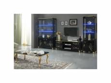 Séjour complet laque noir brillant - or - seborga - meuble tv : l 160 x l 48 x h 61 cm ; vitrine 4 porte : l 122 x l 48 x h 203 cm ; vitrine 2 portes