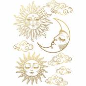 Sticker autocollant décoratif, illustration mistic du soleil et de la lune dans les nuages tout en dorés, 68 cm X 48 cm - Jaune / doré