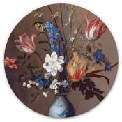 Tableau en métal Rond métallisé Fleurs Wan-Li Vase Chinoiserie floral Van der Ast Ø 30cm - marron