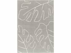 Tapis de salon en velours - palme - motif feuille - écru et gris clair - 80 x 150 cm