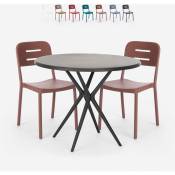 Ensemble Table Ronde Noire 80cm et 2 Chaises Design Moderne pour Jardin Bar Restaurant Ipsum Dark Couleur: Marron