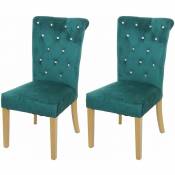 Lot de 2 chaises à manger cuisine en velours vert avec décoration bouton cristal pieds bois clairs - or