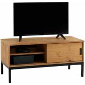 Meuble TV SELMA banc télé de 98 cm au style industriel design vintage avec 1 porte coulissante, en pin massif teinté brun clair - Brun clair
