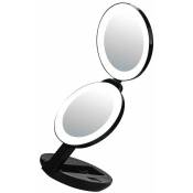 Miroir de maquillage à trois volets portable pliant portable beauté double face petit miroir led avec lumière de remplissage (noir Diamètre